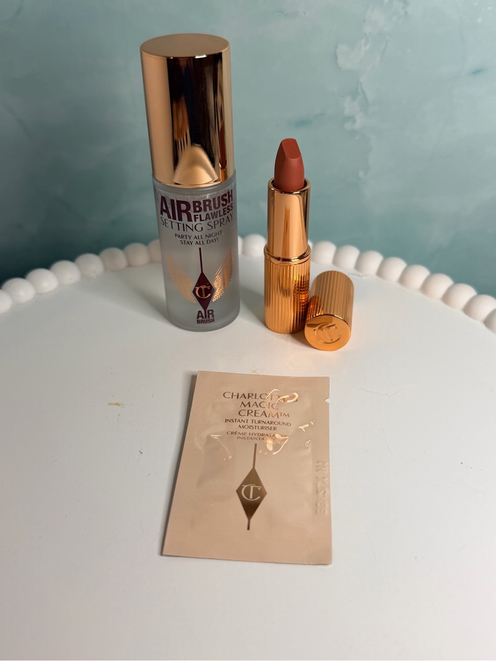 Charlotte Tilbury Setting Spray & Warm Peachy Nude Lipstick Duo